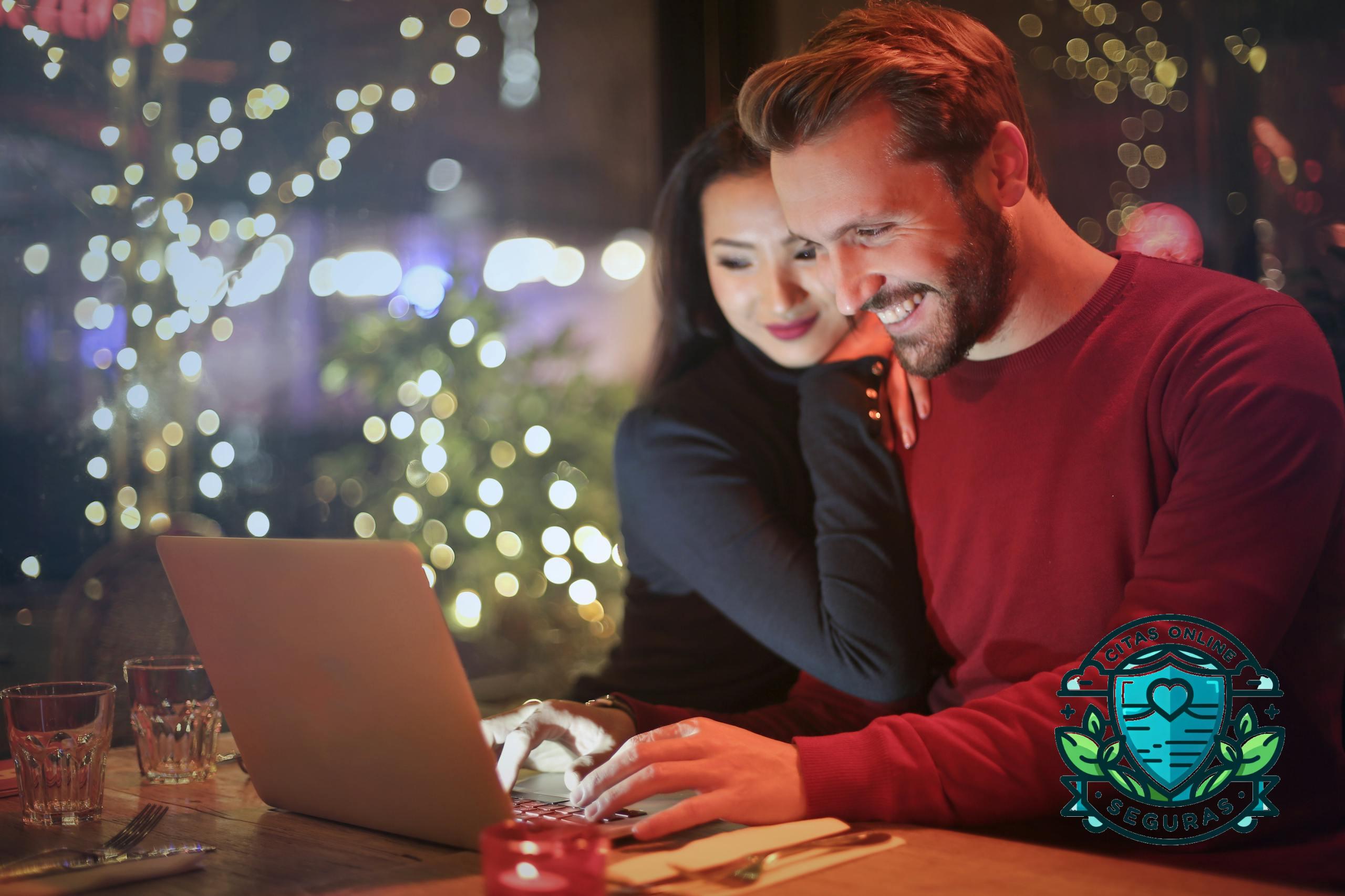 A couple using a laptop at a cozy restaurant with festive bokeh lights, enjoying online shopping together.