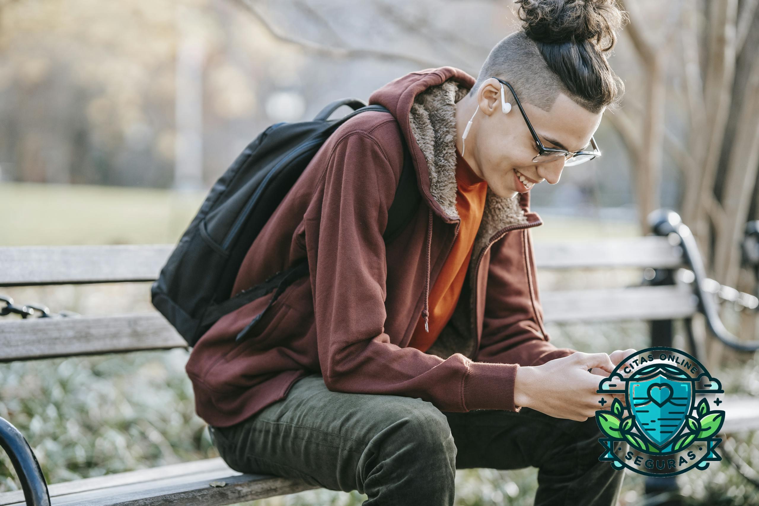 A young man using his smartphone while sitting on a park bench on a sunny autumn day.