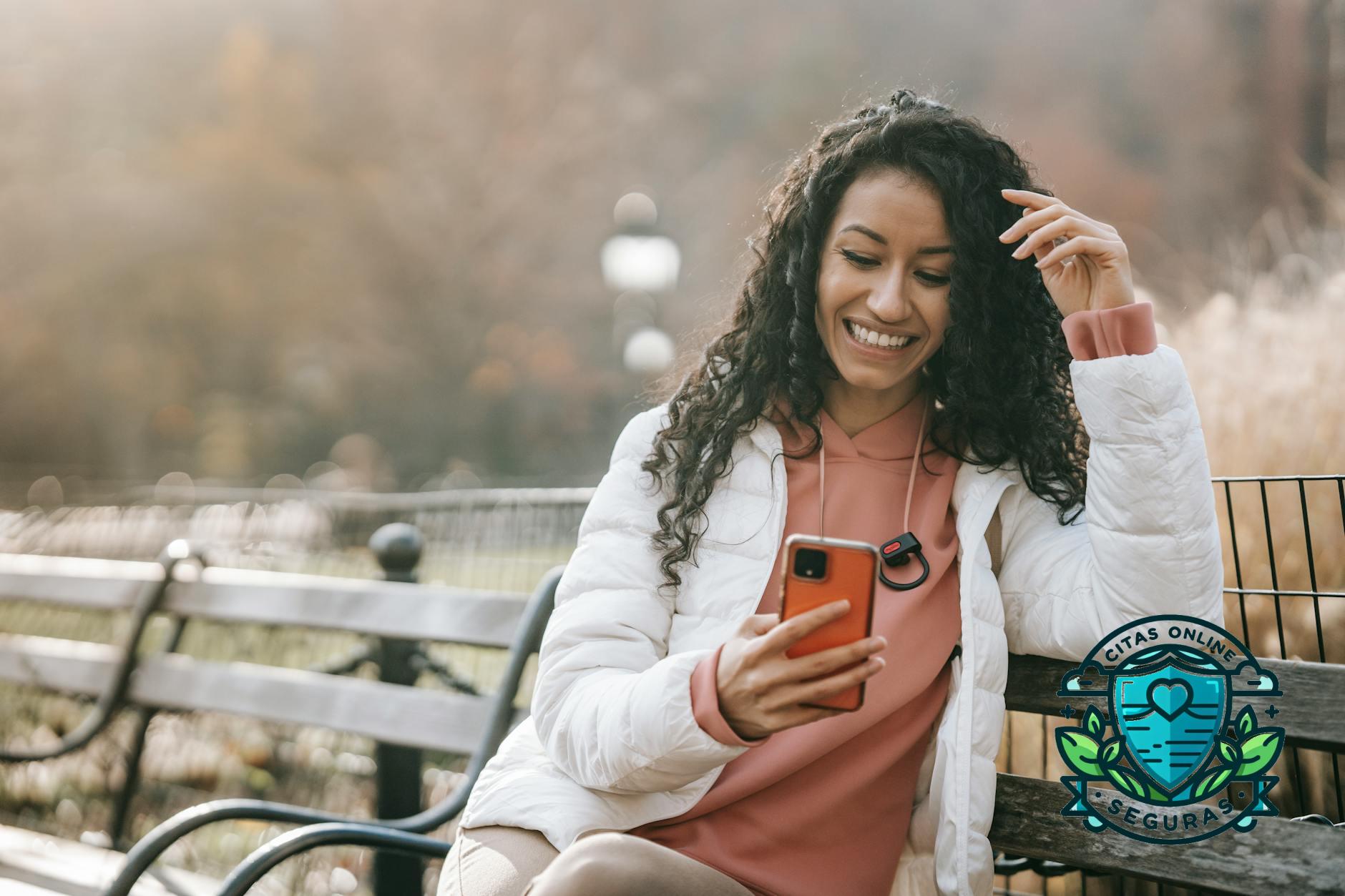 cheerful latin american woman with smartphone
