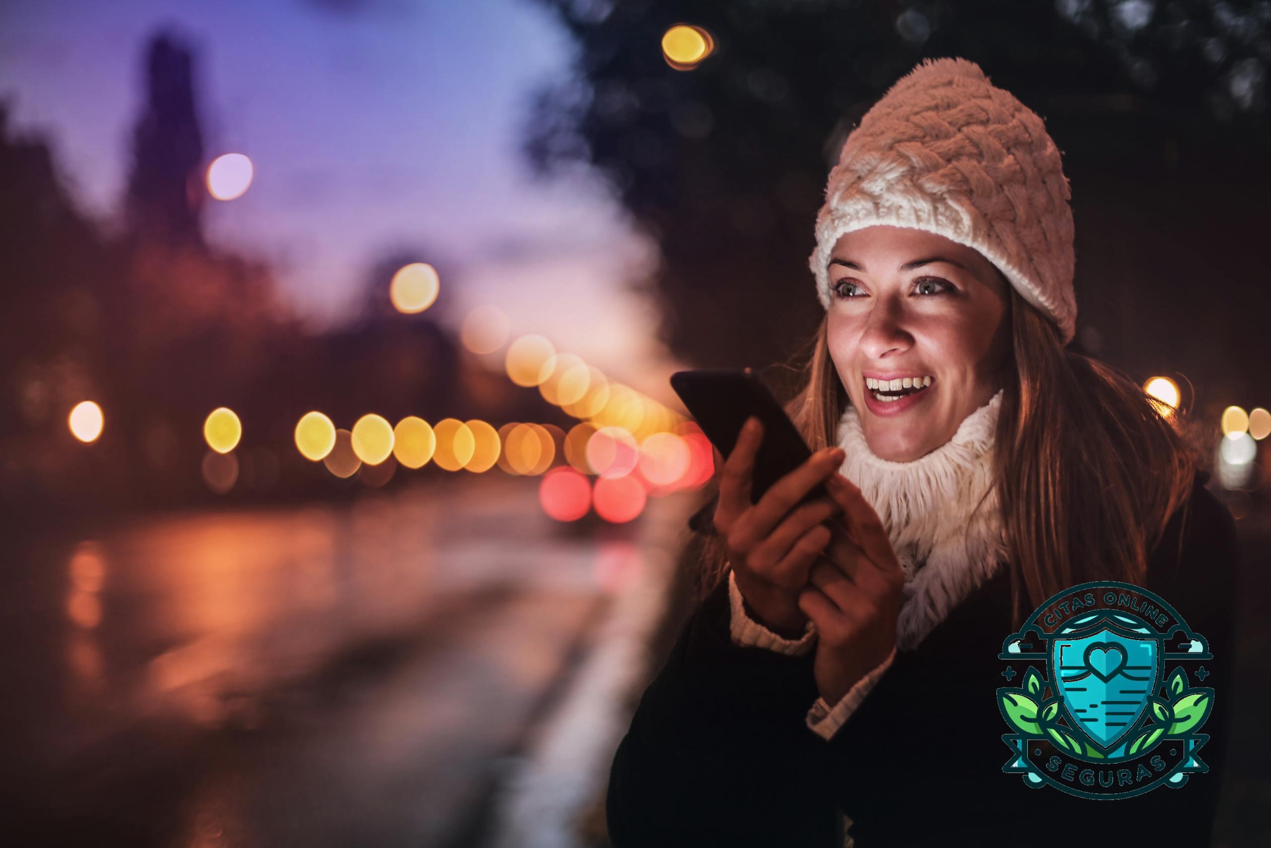Young woman enjoying a conversation on her smartphone during a winter evening.